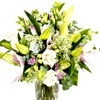 Mothering Sunday Bouquet Pinks Creams, Soft pink Oriental Lilies, Eustoma, cream Vandela Roses, white Trachelium, Eucalyptus, Salall