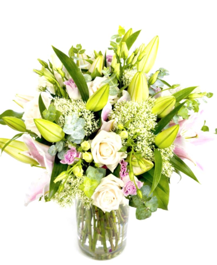 Mothering Sunday Bouquet Pinks Creams, Soft pink Oriental Lilies, Eustoma, cream Vandela Roses, white Trachelium, Eucalyptus, Salall