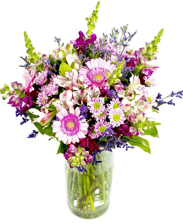 Valentines Day Flowers Creams Pinks Purples, Valentines Day Flowers Alstroemeria, Antirrhinum, a pretty Chrysanthemum known as San Rossi Pink, Germini and finally finished with a dark blue / purple Limionium and foliages , Mothers Day Bouquet Creams Pinks Purples