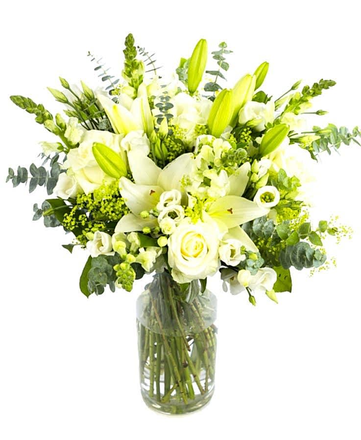 Mothering Sunday Bouquet, Mothers Day Flowers, Mothers Day Arrangement, White LA Lilies, Eustoma, Roses, Snapdragons, Alchemilla Mollis, Salal, Mothers Day Bouquet Creams Whites